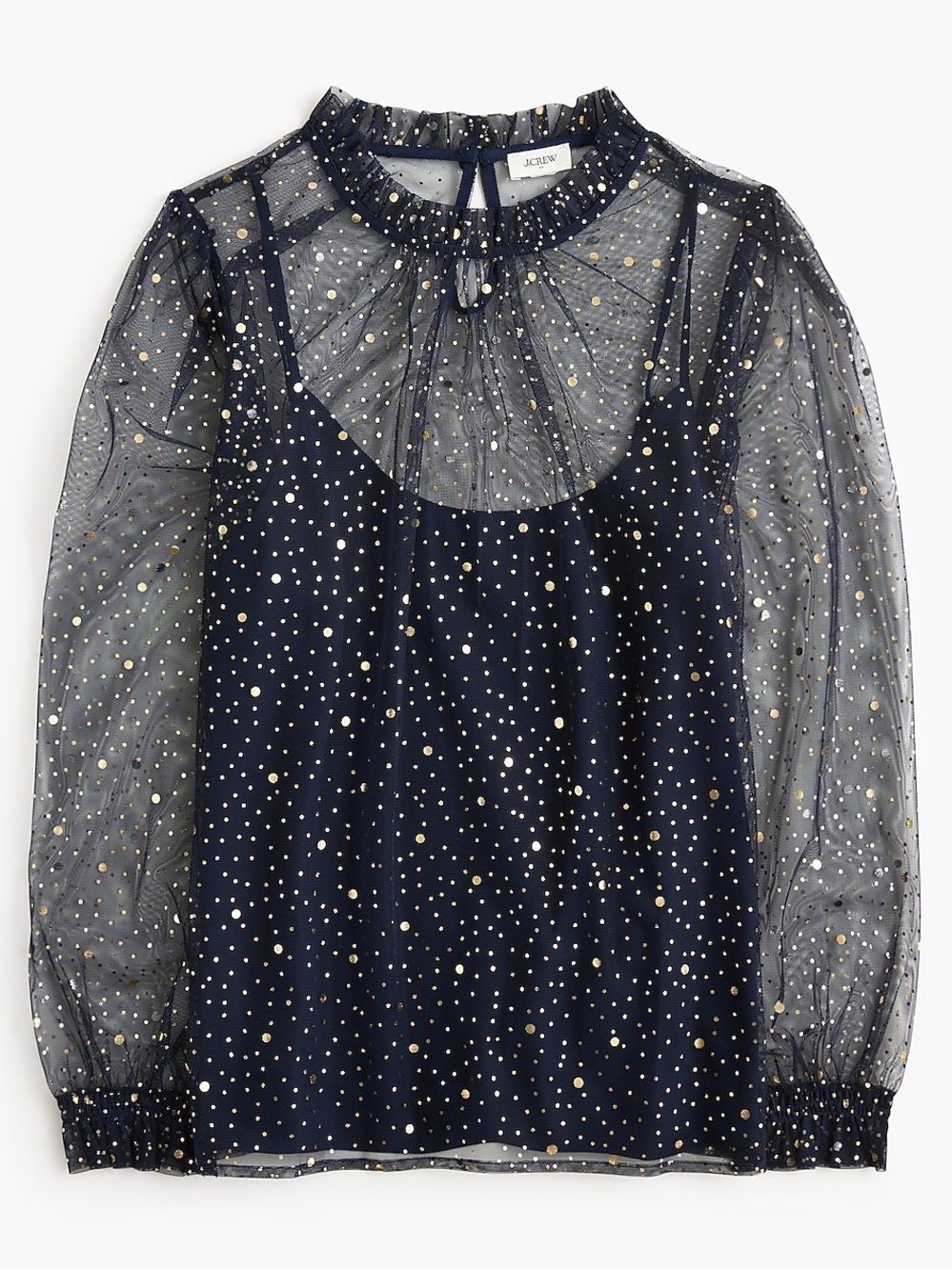 J Crew Tulle Sparkle RuffleNeck Top Festive Mesh Celeste Glitter Sheer Blouse